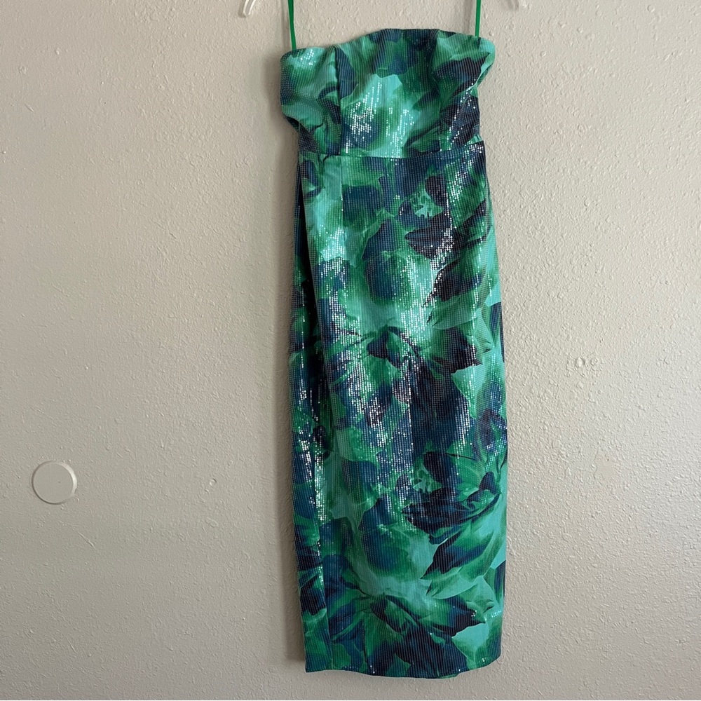 Strapless green and blue sequin floral dress